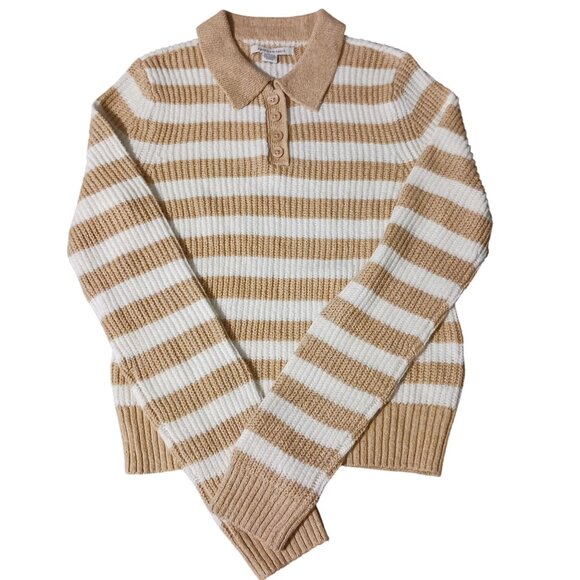 NEW American Eagle Henley Collared Tan/White Striped Sweater Size XS - Picture 1 of 9